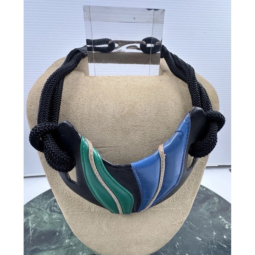 Retro 90's Black Leather Statement Collar Necklace on Double Braided Rope Cord